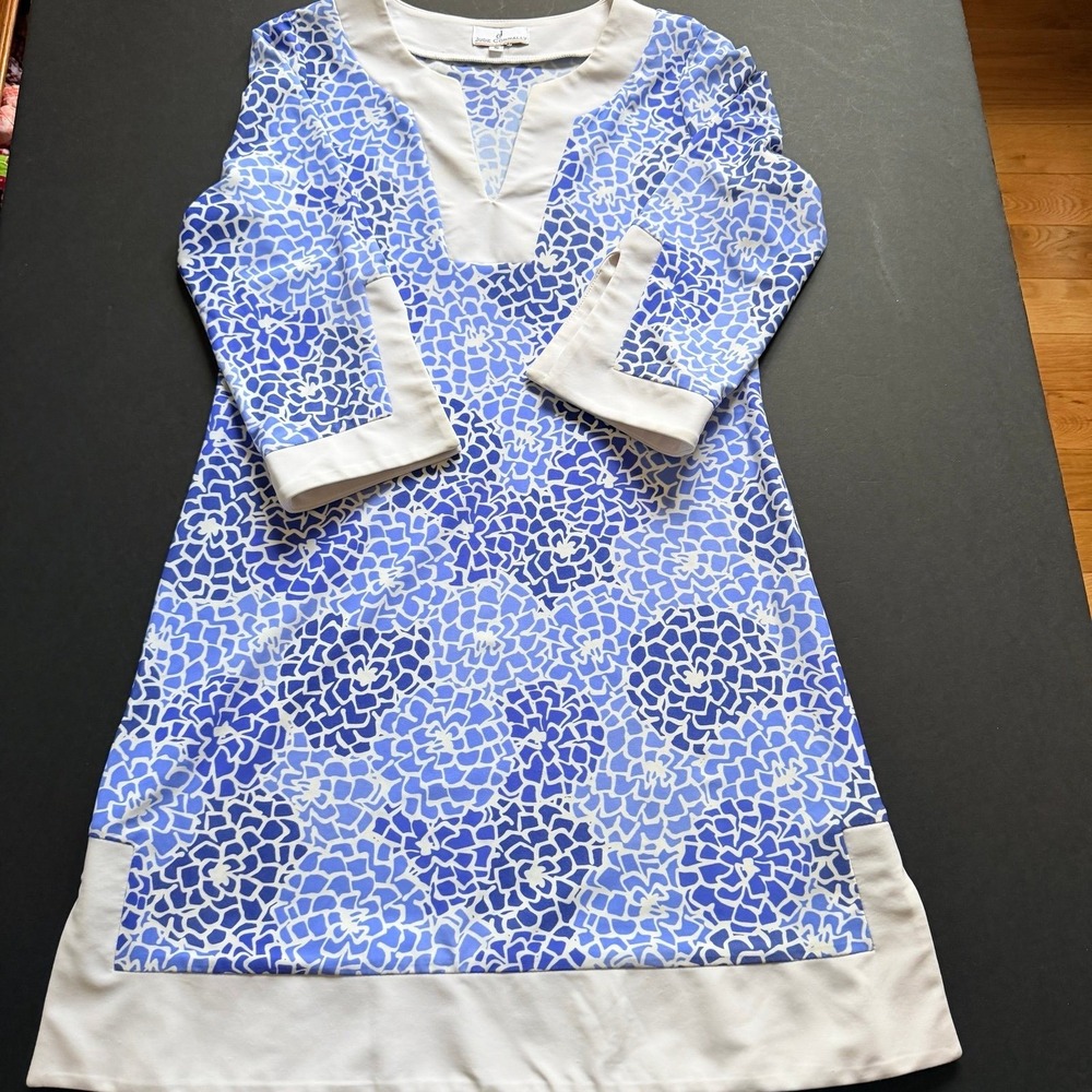 Jude Connally Blue White Floral‎ Mosaic Tunic Dress 3/4 Sleeve Small